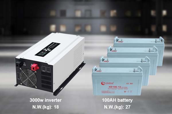 How large is the battery for the 3000w inverter charger, and the total number of inverters and batteries